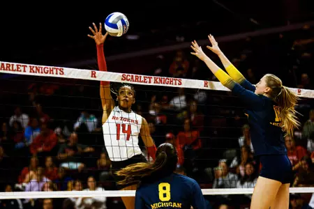Megan Vernon on the block against Michigan at Jersey Mike's Arena