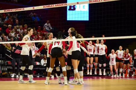 Rutgers volleyball on the court at Jersey Mike's Arena against No. 9 Minnesota