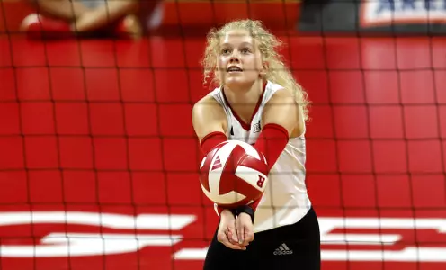 Kenzie Dyrstad digs the ball during Rutgers volleyball's match with Purdue at Jersey Mike's Arena