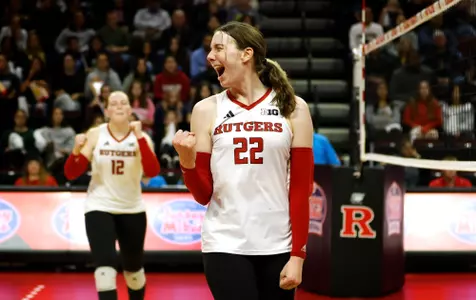 Alissa Kinkela celebrates a point during Rutgers volleyball's match with Purdue