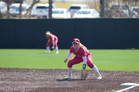Kiersten Withstandley at first base against St. Peter's during the Rutgers Tournament in 2022