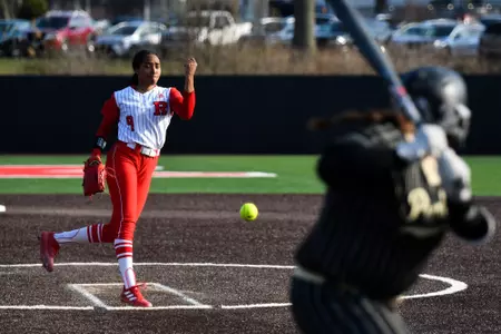 Jaden Vickers inside the circle against Purdue at the Rutgers Softball Complex