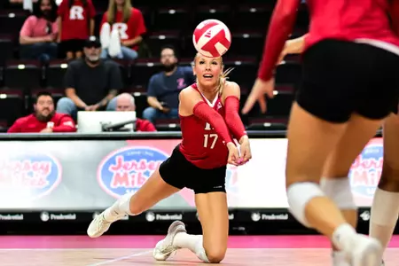 Avery Jesewitz digs the ball in Rutgers volleyball's home opener against LIU at Jersey Mike's Arena