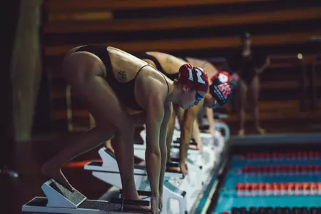 Sofia Bartoloni on the starting block during the intrasquad meet at the Rutgers Aquatics Center