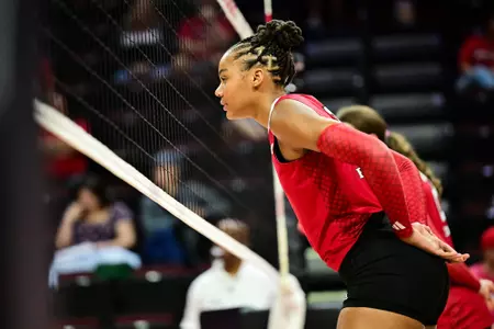 Zora Hardison at the net during Rutgers volleyball's match with