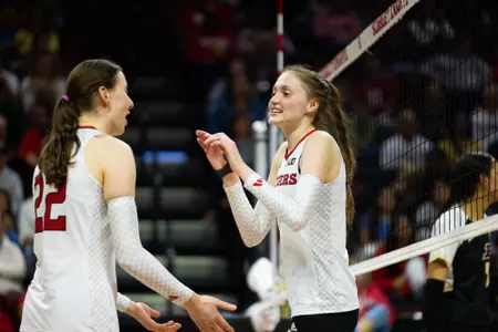 Natalie Robinson and Alissa Kinkela on the rotation against No. 11 Purdue at Jersey Mike's Arena