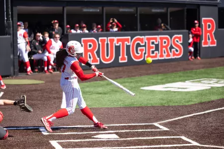 Maddie Lawson at the plate in the series finale with Ohio State at the RU Softball Complex