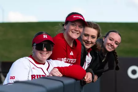 Georgia Ingle, Stephanie Kraska, Gaelen Kelly and Laurelai DePew in the bullpen during Rutgers softball's series with Nebraska