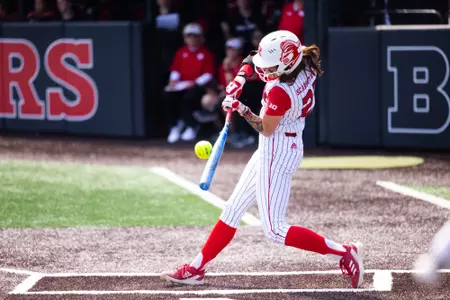 Kyleigh Sand at-bat during the Nebraska series at the RU Softball Complex