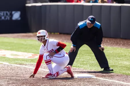 LA Matthews on first base during the Wisconsin series at the RU Softball Complex