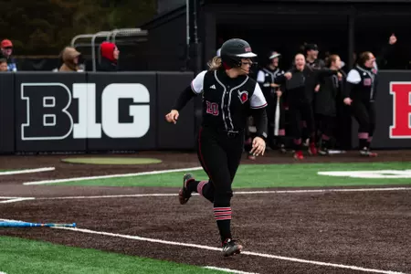 Katie Wingert runs towards first base following one of her two home runs in RU's 12-1 victory over Wisconsin at the RU Softball Complex