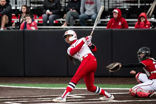 Morgan Smith at the plate in the series-opening victory over Nebraska at the RU Softball Complex