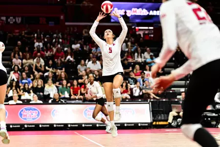 Aly Borellis on the set in Rutgers volleyball's sweep of VCU at Jersey Mike's Arena