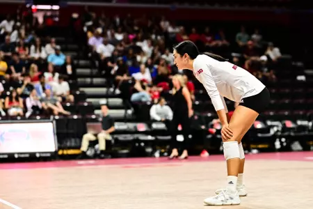 Lexi Visintine on the court during RU volleyball's sweep of VCU at Jersey Mike's Arena