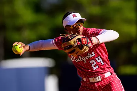 LA Matthews during warmups prior to Rutgers softball taking on No. 19 Auburn at Jane B. Moore Field