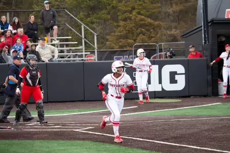 LA Matthews running the bases after hitting her second home run of the season in the series finale with Maryland at the RU Softball Complex