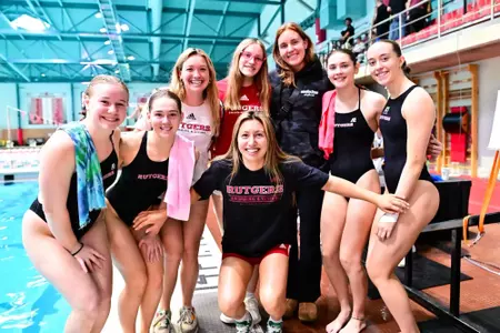 Members of the Rutgers women's swimming & diving team posed following NCAA Zone A competition at the Rutgers Aquatics Center