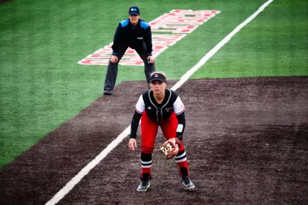 Addie Osborne at third base against Maryland at the RU Softball Complex