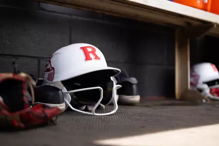 Rutgers batting helmet inside the Scarlet Knight dugout at the RU Softball Complex