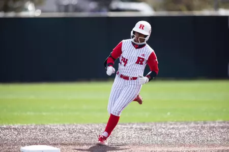 LA Matthews rounds second base after her fourth home run of the year in a 6-1 win over Lehigh at the RU Softball Complex