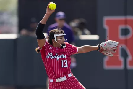 Ella Harrison pitches against Northwestern at the RU Softball Complex