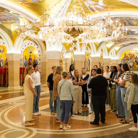 Rutgers volleyball on a tour of the Church of Saint Slava in Belgrade, Serbia