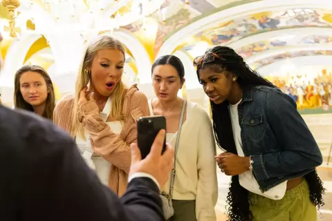 Avery Jesewitz surprised at the Church of Saint Slava in Belgrade, Serbia