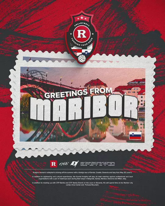 Greetings from Maribor, Slovenia graphic - Rutgers volleyball foreign trip