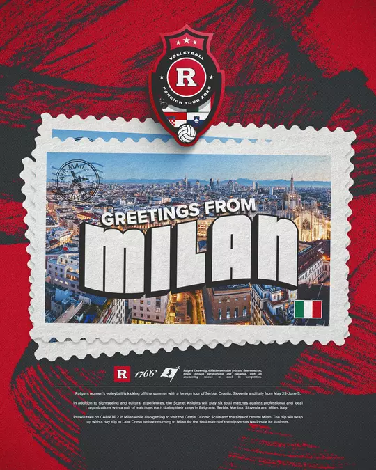 Greeting From Milan graphic - Rutgers volleyball foreign trip