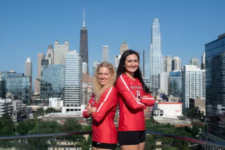 Kenzie Dyrstad & Lexi Visintine and the Chicago skyline during 2025 Big Ten Volleyball Media Day