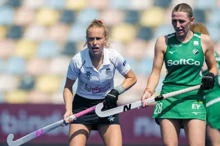 MONCHENGLADBACH - EuroHockey Championship 202513 Ireland v Scotland (Pool C)Picture: Fiona Burnet of Scotland with Katie Larmour of Ireland COPYRIGHT WORLDSPORTPICS EWOUT PAHUD DE MORTANGESNo archive allowed