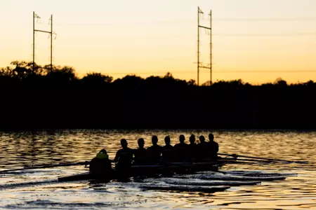 Rutgers women's rowing during early morning practice in the fall of 2025 on the Raritan River in New Brunswick