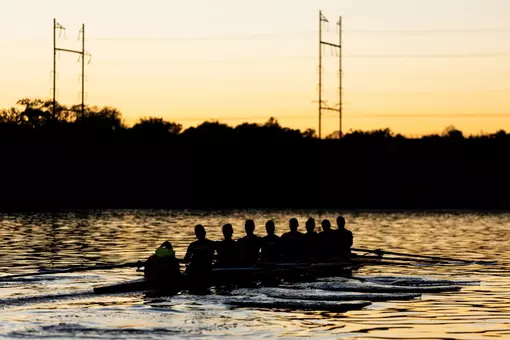 Rutgers women's rowing during early morning practice in the fall of 2025 on the Raritan River in New Brunswick