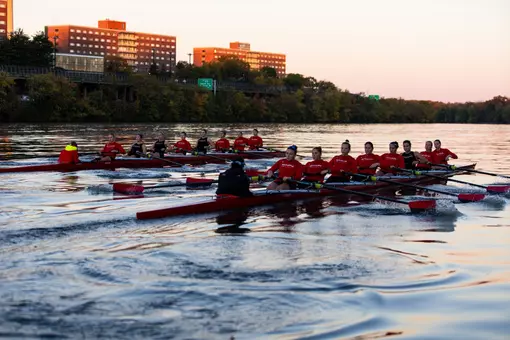 Rutgers rowing practicing on the Raritan River in New Brunswick, New Jersey in fall of 2025