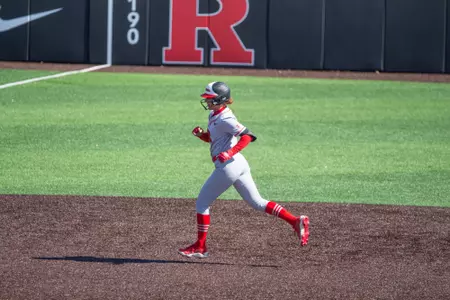 Makenna Coleman approaches third off the first home run at the newly renovated RU Softball Complex in the 8-0 game one victory over FDU