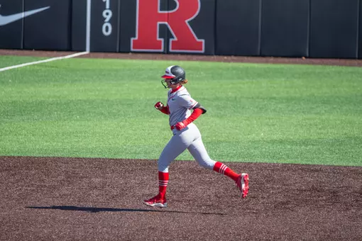 Makenna Coleman approaches third off the first home run at the newly renovated RU Softball Complex in the 8-0 game one victory over FDU