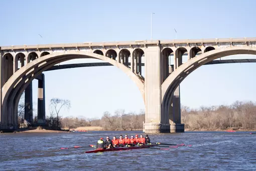 Rutgers women's rowing on the Raritan River during its scrimmage with Temple & Princeton Lightweights