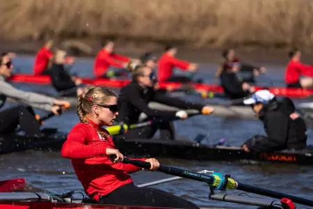 Rutgers rowing during preseason scrimmage vs. Temple & Princeton Lightweights on the Raritan in March