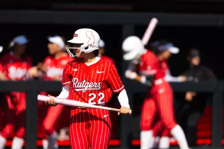 Sam Rohwer comes to the plate during Rutgers softball's doubleheader with Purdue at the RU Softball Complex