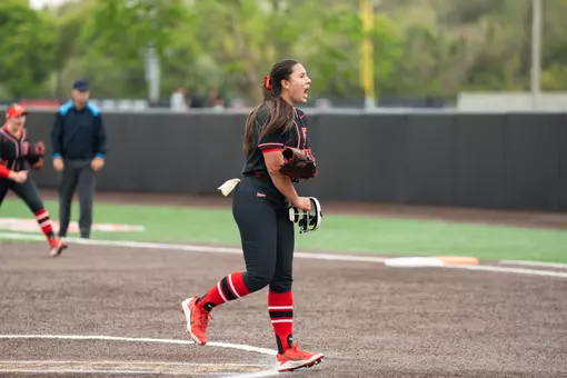 Kassandra Gewecke celebrating the in circle during her no-hitter against Seton Hall at the RU Softball Complex