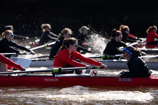 Rutgers rowing on the Raritan River against Temple and Princeton Lightweights in preseason scrimmage action