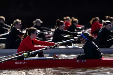 Rutgers women's rowing in competition against Temple and Princeton Lightweights in spring scrimmage on the Raritan River