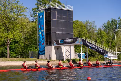 Rutgers women's rowing on the Big Ten course at Eagle Creek Resevoir in Indianapolis, Indiana