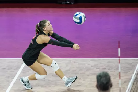 Alleigh Dutton digs the ball against No. 1 Nebraska at Jersey Mike's Arena in 2025