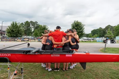 Rutgers women's rowing huddles prior to the start of the 2026 NCAA Championship semifinals at Lake Lanier in Gainesville, Georgia
