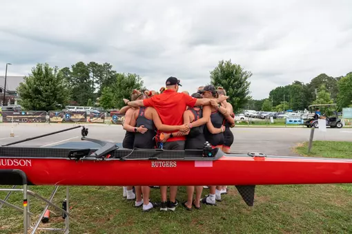 Rutgers women's rowing huddles prior to the start of the 2026 NCAA Championship semifinals at Lake Lanier in Gainesville, Georgia