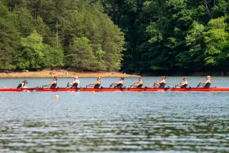 The Rutgers Varsity 8 at NCAA pre-championship practice on Lake Lanier in Gainesville, Georgia