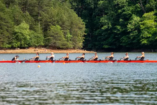The Rutgers Varsity 8 at NCAA pre-championship practice on Lake Lanier in Gainesville, Georgia