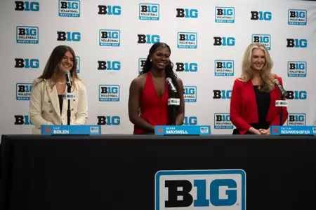 Lily Bolen, Aspen Maxwell and Caitlin Schweihofer address the media at 2026 Big Ten Volleyball Media Day