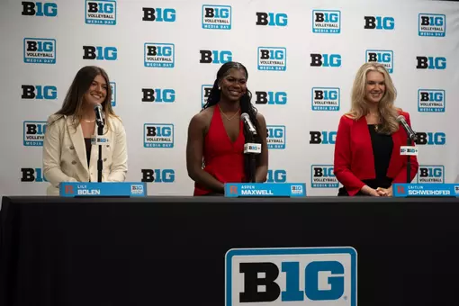 Lily Bolen, Aspen Maxwell and Caitlin Schweihofer address the media at 2026 Big Ten Volleyball Media Day